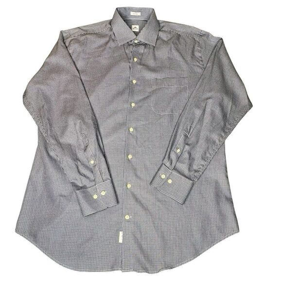 Peter Millar Men Sz L Button Down Shirt Long Sleeve Plaid Houndstooth Blue Brown